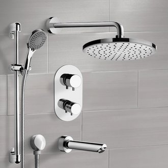 Tub and Shower Faucet Chrome Thermostatic Tub and Shower Set with Rain Shower Head and Hand Shower Remer TSR48